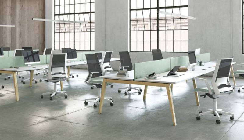 bureau bench face a face ergonomique avec pieds en bois massif et plateaux coulissants blancs à Marseille